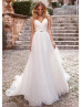 V Neck White Ruched Tulle Beaded Simple Wedding Dress